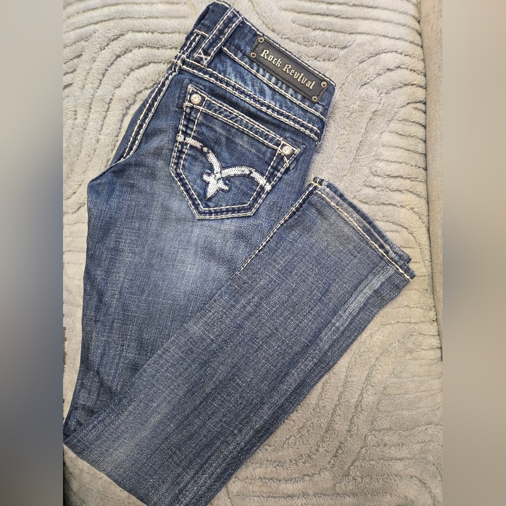 Rock Revival Women's Blue Denim Jeans with Embellished Back Pockets